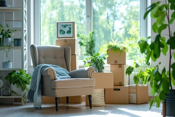 During moving new apartment s living room hosts a stack of boxes pictures plants and an armchair by a large window
