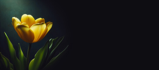 Bright yellow tulips on a black background.