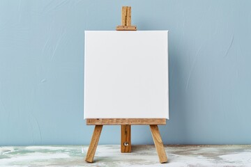 Empty canvas on wooden easel against light blue wall for design mockup Room for text - obrazy, fototapety, plakaty