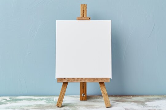 Empty canvas on wooden easel against light blue wall for design mockup Room for text