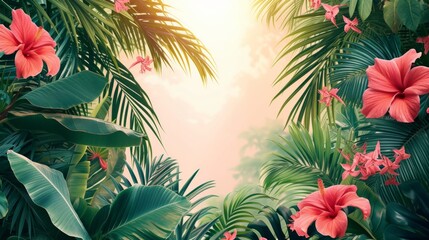 Fototapeta na wymiar Beautiful background for advertising with tropical leaves, palm trees