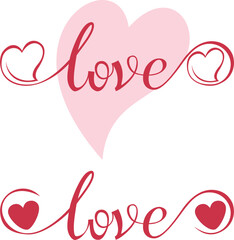 The words love are hand-drawn in letters and calligraphy with a cute heart on a white background.Valentine's Day template or background for love and Valentine's day concepts