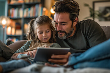 Girl using tablet PC lying on sofa with father