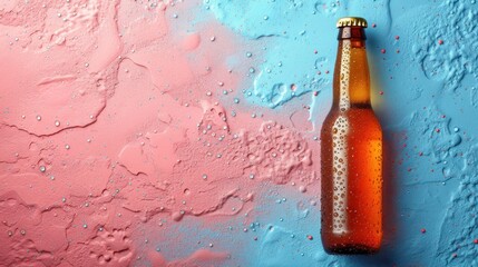  a close up of a bottle of beer on a blue and pink background with drops of water on the bottle and the bottom half of the bottle of the bottle.