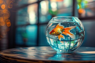 Fishbowl made of glass on the table