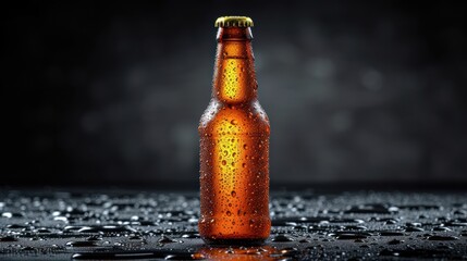  a close up of a beer bottle on a wet surface with drops of water on the floor and in the background is a dark background with only one bottle left.
