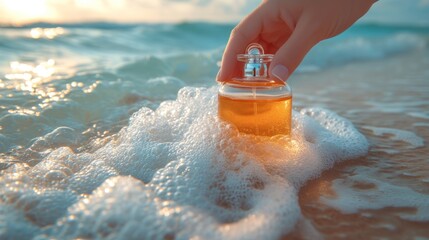  a close up of a person's hand touching a bottle with a faucet on top of it in the water on a beach with foamy waves.
