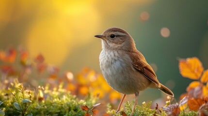  a small brown and white bird standing on a patch of grass with yellow flowers in front of a blurry background of green grass and yellow and red leaves in the foreground. - Powered by Adobe