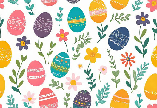 Vector illustration of colorfully painted Easter eggs and spring flowers. Easter decorations, seamless primitive pattern, children's doodles for prints,