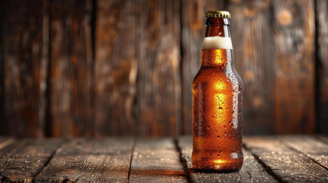  a close up of a beer bottle on a wooden table in front of a wooden wall with a light shining on the top of the bottle and bottom half of the bottle.