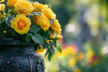 Focus on a burial urn with yellow roses in a vibrant cemetery allowing room for text on the right side