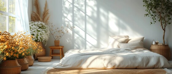  a bed with white sheets and pillows in a room with potted plants and potted plants on either side of the bed and a window with sunlight streaming through the window.