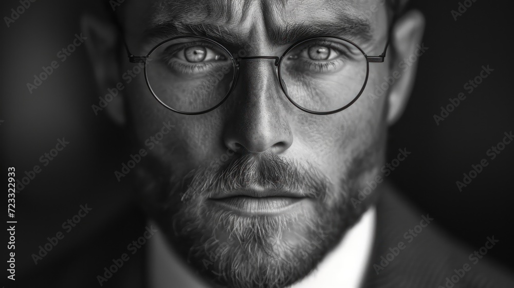 Wall mural a black and white photo of a man in a suit and tie with glasses looking at the camera with a serious