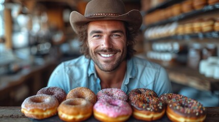  a man wearing a cowboy hat sitting in front of a row of doughnuts on a table in a store with shelves full of doughnuts in the background. - obrazy, fototapety, plakaty