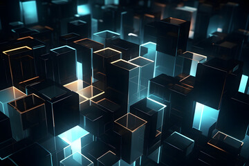 Futuristic 3D Cubes with Neon Lights. Created with Generative AI