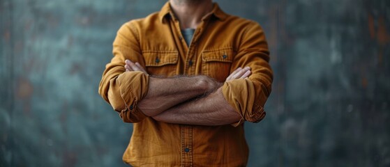  a man with his arms crossed standing in front of a wall with his hands folded in front of his chest, with his hands folded in front of his chest.