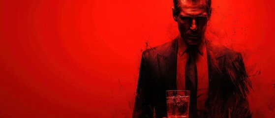  a man in a suit and tie holding a glass with a liquid inside of it on a red background with a black and white image of a man in the middle.