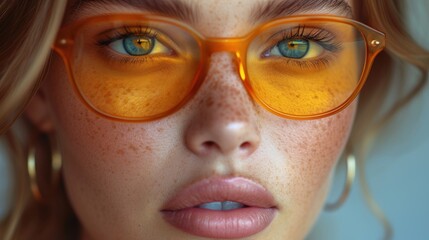  a close up of a woman wearing glasses with freckles on her eyes and a freckle on her face, with freckles on her eyes.