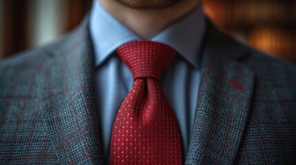  a close up of a person wearing a suit with a red tie and a blue shirt with a red checkered blazer and a blue shirt with a red tie.
