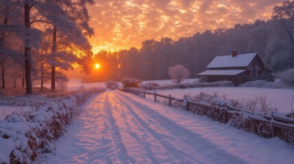  a snow covered road with a house in the background and trees in the foreground with the sun setting in the distance behind the snow covered road, with snow on the ground.