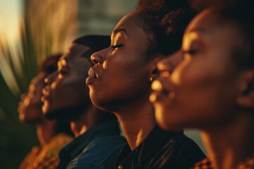 Generative AI illustration of side view on the group serious African American people in a row looking up on sunset