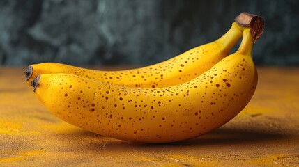  a couple of yellow bananas sitting on top of a wooden table next to a black stone wall and a wooden table with yellow spots on it and a brown surface.