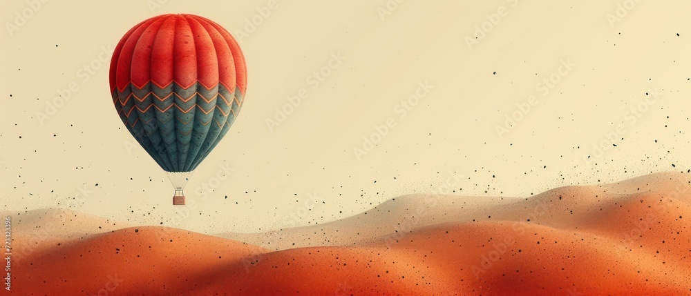 Wall mural  a red and blue hot air balloon flying in the sky over a desert landscape with tiny dots of dirt on the ground and a small patch of grass on the ground.