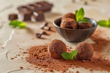 Front view of a gourmet sweet dessert featuring dark chocolate truffles with fresh mint and cocoa powder on a beige background