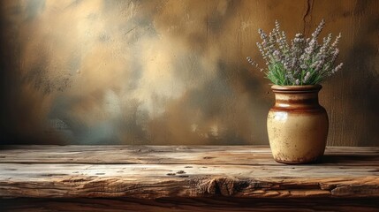  a vase filled with purple flowers sitting on top of a wooden table next to a painting of a gold and brown wall and a wooden table with a wooden slab of wood.