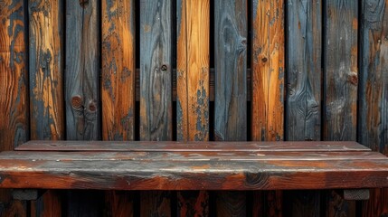  a wooden bench sitting in front of a wooden wall with a wooden slatted wall behind it and a wooden slatted door on the side of the other side of the bench.