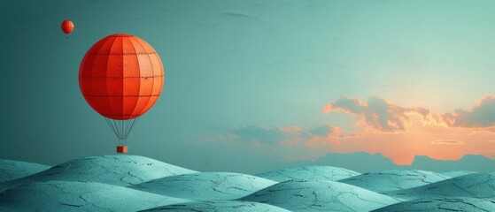  a hot air balloon flying in the sky over a mountain range with a mountain range in the background and a blue sky with clouds and a few orange hot air balloons.
