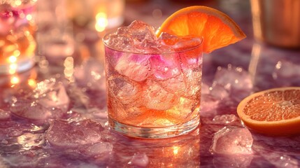  a close up of a drink on a table with ice and a slice of an orange on the side of the glass and another orange on the side of the table.