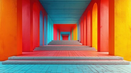  a long hallway with steps leading up to the top of each of the steps is painted bright red, blue, yellow, and orange with a few steps leading up to the bottom.