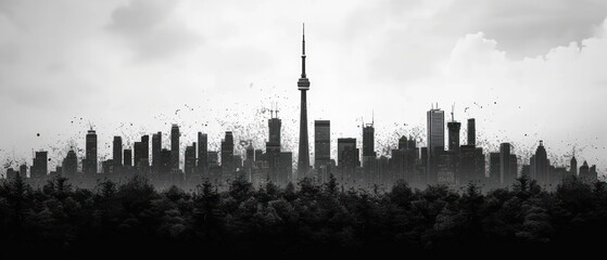  a black and white photo of a city with a lot of birds flying in the air over the trees in the foreground and in the background is a cloudy sky.