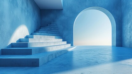  a set of stairs leading up to a bright blue room with a view of the ocean through an arch in the middle of the room, with a blue wall and floor to the right.