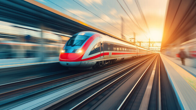 Modern Commuter Train Speeding Through the Station in blurred motion, High-speed Urban Public Transport concept