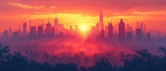  the sun is setting over a city with tall buildings in the foreground and trees in the foreground in the foreground, and a hazy sky filled with clouds. - obrazy, fototapety, plakaty