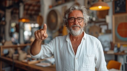  a man with a white beard and glasses giving a thumbs up in front of a counter in a store with other items on the shelves and a lamp on the wall.