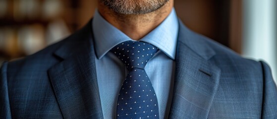  a close up of a man wearing a suit with a blue tie and a blue shirt with a white polka dot pattern and a blue shirt with a blue blazer.