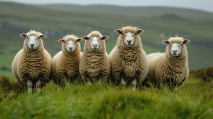  a herd of sheep standing next to each other on a lush green hillside covered in lush green grass and a hill in the distance with green hills in the background. - Powered by Adobe