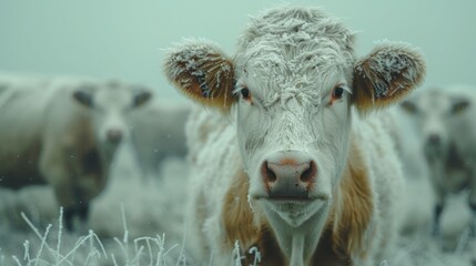  a close up of a cow with a lot of snow on it's face and a group of other cows in the back ground behind it in the snow.