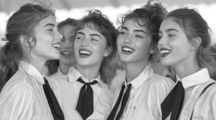  a group of young women standing next to each other in front of a group of other women in white shirts and ties smiling at each other woman's face.