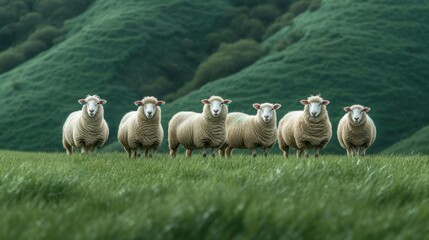  a herd of sheep standing on top of a lush green field next to a lush green hillside with mountains in the backgrouns of the distance and a lush green grass covered hillside.