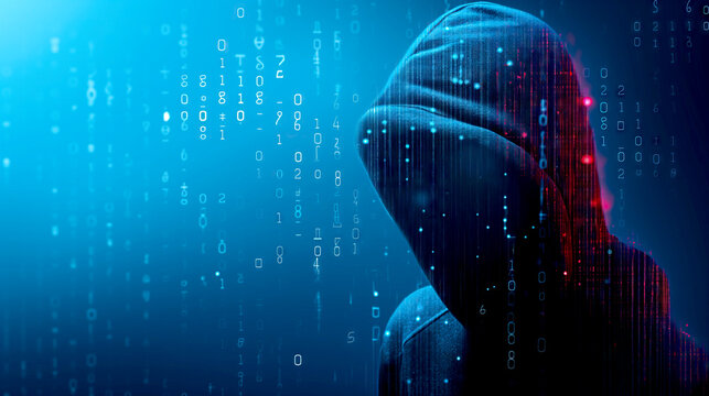 close up of hacker hidden in Hood Against an abstract Futuristic Blue Digital Binary Code Matrix background with copy space