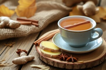 Ginger and cinnamon tea on wooden background