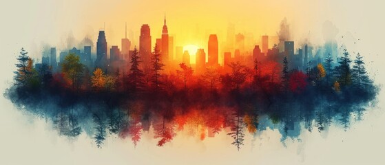  a painting of a cityscape with trees in the foreground and the sun in the background, with a yellow and blue sky in the middle of the background. - obrazy, fototapety, plakaty