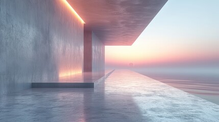  a room with a view of a body of water and a building with a light at the end of the room and a light at the end of the room.