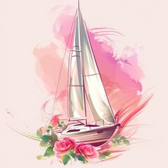  a painting of a sailboat with roses in the foreground and a watercolor painting of the sailboat on the right side of the frame with a pink background.