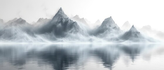  a large body of water with a mountain range in the middle of the water and fog in the middle of the water and fog in the middle of the water.