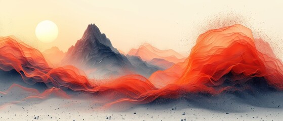 a digital painting of a mountain range with red and orange smoke coming out of the top of it and a bright sun in the middle of the top of the mountain.